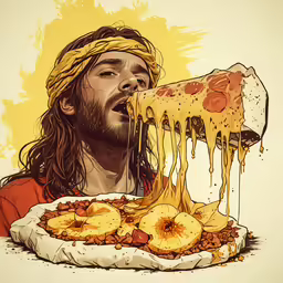 a man wearing a bandana eating pizza with a big slice of pizza on it