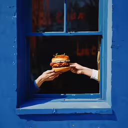 two hands reaching out a window to eat a burger