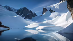 snowy mountains near the edge of a lake