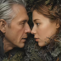 two people with grey hair look into each others eyes