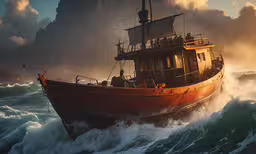 a boat that is in the ocean next to mountains,a ship that is sitting on top of the ocean