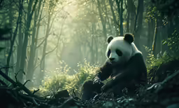 panda bear sitting on a hill in an oriental setting
