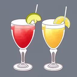 a painting of two alcohol beverages one with an apple and the other lemon,the wine glasses are colorful, different, and very nice