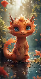 a cartoon baby dragon with blue eyes sitting on the ground
