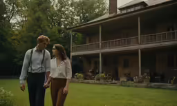 the couple stands in front of their large, two - story house