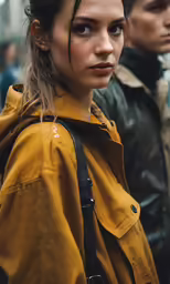 a close - up image of a woman standing near a street