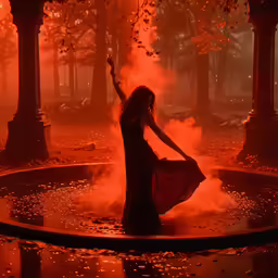 girl with red gown in a park setting