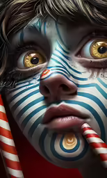 a woman with blue makeup has candy canes