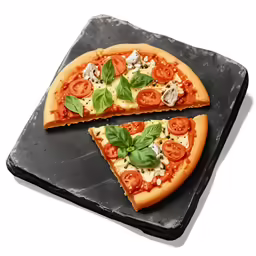 two slices of cheese pizza with tomatoes, basil and mushrooms