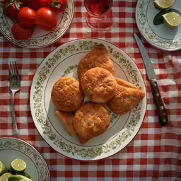 plate of biscuits and plates with sliced tomatoes on red table cloth