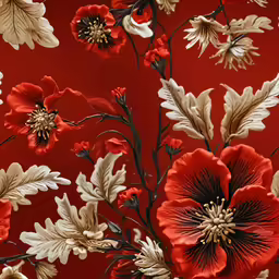 there is a very detailed floral arrangement in red