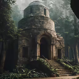 a creepy looking tower sitting in the woods