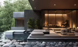 a couch is in the middle of a room that has a pool