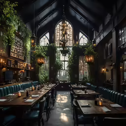 a restaurant that is filled with chairs and plants