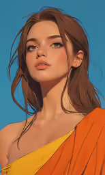 a woman with wavy brown hair and an orange top