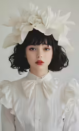 an artistic model wearing a white shirt and flower headpiece
