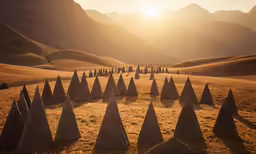 rows of sculptures standing in the middle of a desert field