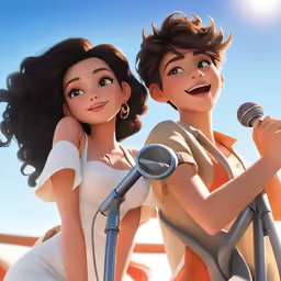 a couple is posing for a photo while holding a microphone
