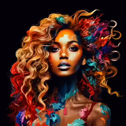 a young woman with colorful hair and a paint splash on her body