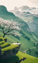 a tree on a hillside, with mountains and greenery in the background