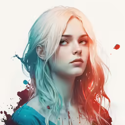 a woman with white hair wearing a blue shirt