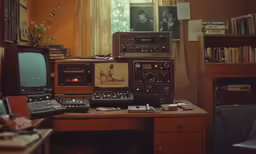 a room with a table with a laptop, many speakers and a radio