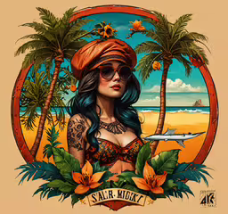 a drawing of a lady with a surfboard under her arm,a woman wearing a red bandanna hat and glasses