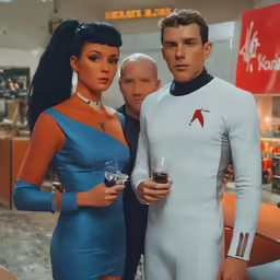 a man and woman dressed up in futuristic garb are posing together with each other