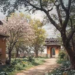 a dirt road surrounded by trees and flowers