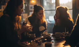 there are four women sitting at the table and having coffee