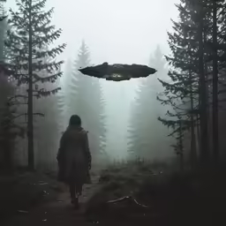 a person in a foggy forest, with a large bird flying above