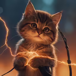 the kitten is standing on its hind legs with a leash