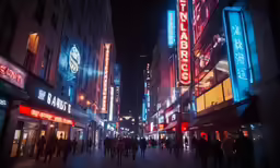a busy shopping area at night with neon lights