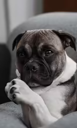 a cute dog is sitting in an arm chair