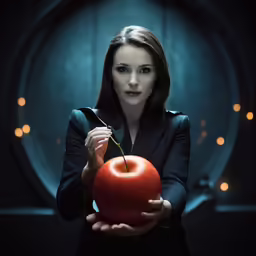 woman holding an apple for an upcoming sci fi movie