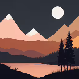 a painting of trees in front of a lake at night,a sunset shows mountain and lake silhouettes