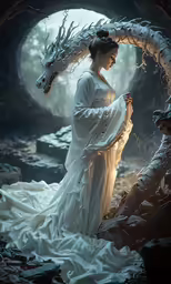 woman in long flowing white dress standing under a light