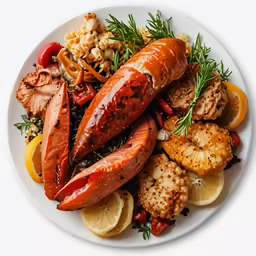 some sliced up lobster, lemons, and other foods on a plate