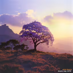 this is an image of a beautiful tree on the side of a hill,a single purple tree stands on the grass