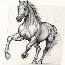 a pencil drawing of a horse with its leg up