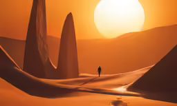 a person stands at the end of a desert between tall, thin trees