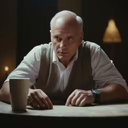 man sitting at table with coffee mug looking away from camera
