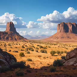 rocky mountains surrounded by dry grass under a cloudy blue sky