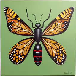 a butterfly painted on a green background,a painting of a butterfly on green with yellow spots