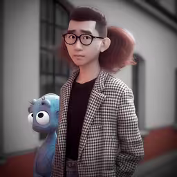 an animated woman in glasses holding an evil creature,a very cute looking cartoon girl with glasses