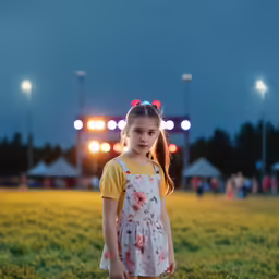 a young girl wearing an apron posing in front of a baseball field