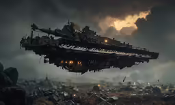 a space ship floating over a city under storm clouds