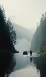 a person walks along the side of a body of water in front of trees