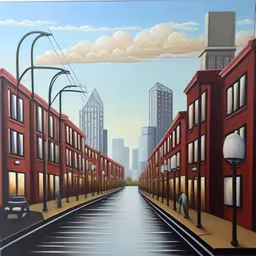 there is a street with buildings on the wall,a large painting on display with a street view,a painting of buildings and people walking along the sidewalk,a painting of red buildings and cars in a city street,painting of buildings with cars driving down the road