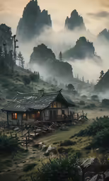 a small cabin sitting on the top of a hill